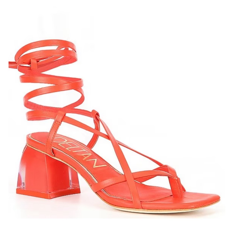 Deltan leather wrap around sandals. Cool translucent heel. 6.5